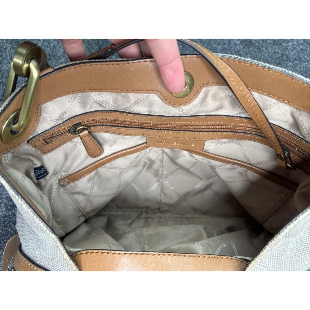 Michael Kors Beige Canvas Leather Trim Triple Compartment Shoulder Bag SCKPSOMY